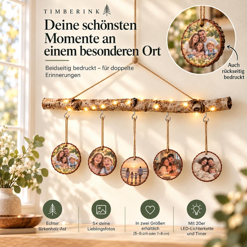 Deko-Ast mit fünf beidseitig bedruckten Baumscheiben und Detail der Foto-Rückseite.