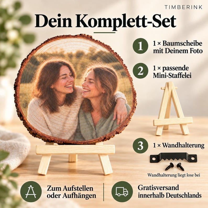 full_set – Gemeinsames Freundinnenfoto auf echter Kiefernholz-Baumscheibe im Timberink Komplett-Set