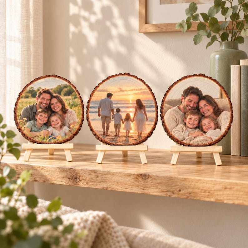 Wohnbeispiel: drei personalisierte Familienfotobaumscheiben als kleine Galerie auf einem Regal.