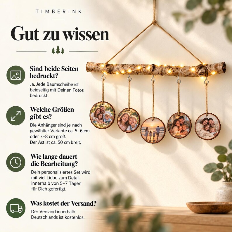 Antworten zu beidseitigem Druck, Anhängergrößen, Bearbeitungszeit und Gratisversand des Deko-Asts.