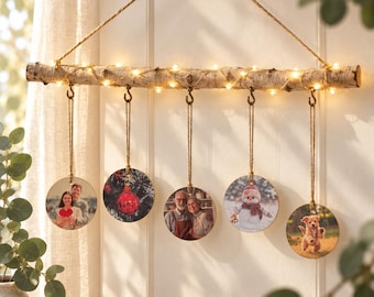 Personalisierter Deko Ast, Foto Anhänger aus Holz, LED Lichterkette, Fensterdeko Birke, 5 flache Holzscheiben, beidseitig bedruckt