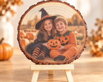 Foto auf Holz, Halloween Deko, Baumscheibe bedruckt, Holzbild individuell, Fotodruck Naturholz, Kinderfoto Andenken, Fotogeschenk Unikat