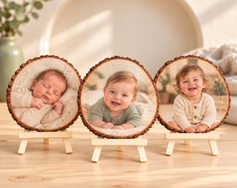 Foto auf Holz 3er Set, Babys erstes Jahr, Baumscheiben bedruckt, Babyfoto Erinnerung, Erster Geburtstag, Dreier Fotoserie, personalisiert