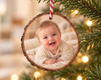Babys erstes Weihnachten, personalisierter Fotoanhänger aus Holz, Babyfoto Christbaumschmuck, Weihnachtsgeschenk