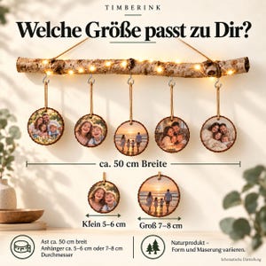 Größenübersicht: Deko-Ast ca. 50 cm breit und Baumscheiben mit 5–6 oder 7–8 cm Durchmesser.