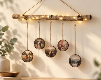 Personalisierter Deko Ast, Foto Anhänger Holz, LED Lichterkette, Fensterdeko Birke, Familienfotos Geschenk, beidseitig bedruckt