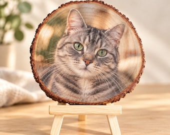 Foto auf Holz, Katzenporträt personalisiert, Baumscheibe bedruckt, Geschenk Katzenliebhaber, Haustier Erinnerung, Fotodruck Naturholz