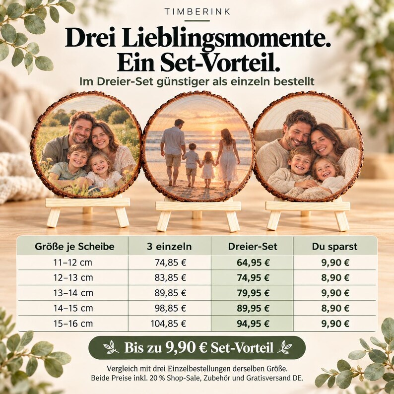 Preisvergleich des Dreier-Sets mit drei Einzelbestellungen derselben Größe:8,90 oder9,90Euro Set-Vorteil bei gleicher Sale-Basis.