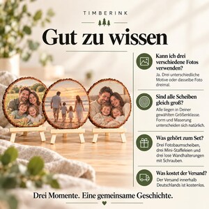 Antworten zu drei Wunschfotos, Größenklasse, Zubehör und kostenlosem Versand des Dreier-Sets.
