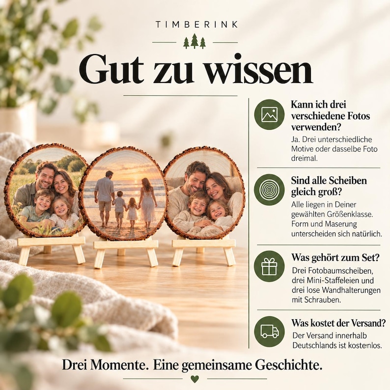 Antworten zu drei Wunschfotos, Größenklasse, Zubehör und kostenlosem Versand des Dreier-Sets.