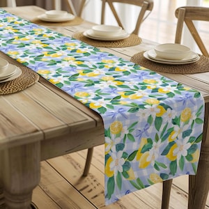 Summer Lemons and Blue Ribbon Coquette Table Runner , Summer Table Decor, Beach House, Dining Room, Boat House