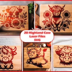 May include: A collection of wooden cutting boards with laser-cut Highland cow designs. Each board features a different cow illustration, some with sunflowers and hearts. The text "20 Highland Cow Laser Files SVG" is also visible.