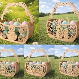 Może przedstawiać: Drewniany koszyk wielkanocny z ozdobnym uchwytem, wypełniony jajkami w pastelowych kolorach. Koszyk posiada wycinane laserowo wzory kurczaków, króliczków i motywów kwiatowych. Idealny na poszukiwanie jajek i wiosenną dekorację.