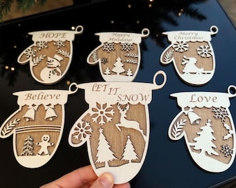 Conjunto de 6 adornos navideños, archivo cortado con láser, diseño láser Glowforge, SVG láser navideño, adornos de guantes navideños SVG