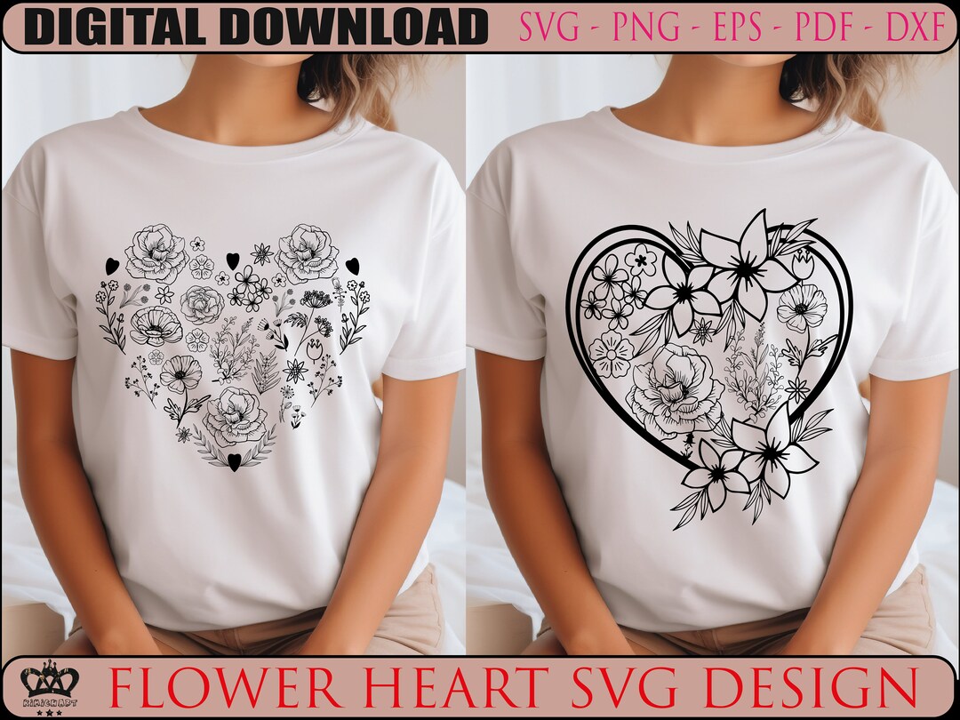 Flower Heart SVG Design - Heart SVG for Cricut - Heart Wreath SVG - Cut ...