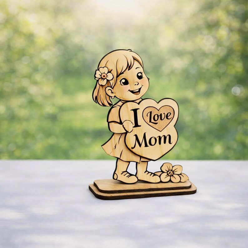 May include: Wooden figurine of a smiling girl holding a heart-shaped sign that reads "I Love Mom." The figurine is light brown with a flower in her hair and stands on a rectangular base. A flower is at her feet.