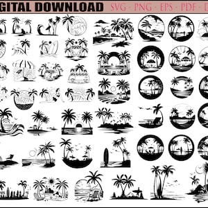Może przedstawiać: Zestaw 40 czarno-białych ilustracji cyfrowych przedstawiających palmy, plaże i fale oceanu. Ilustracje idealnie nadają się do tworzenia wzorów na koszulki, kubki, torby na zakupy i inne produkty.