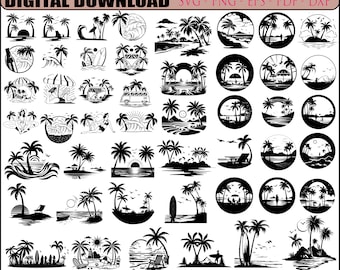 Puede incluir: Un conjunto de 40 ilustraciones digitales en blanco y negro de palmeras, playas y olas del océano. Las ilustraciones son perfectas para crear diseños para camisetas, tazas, bolsas de mano y otros productos.
