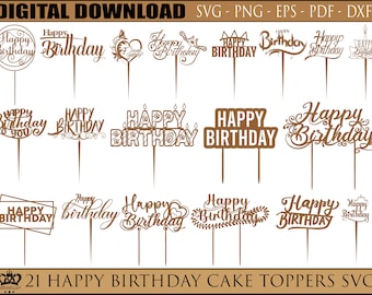 Happy Birthday Cake toppers SVG, 21 Cake topper Laser Cut Files, Circle Wreath frame Digital Download Glowforge File for laser cutting