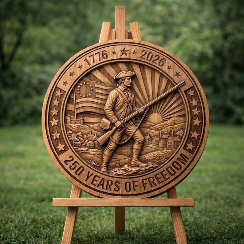 May include: A wooden, circular carving on a wooden easel. The carving features a soldier with a rifle, a flag, and the text "1776 - 2026" and "250 YEARS OF FREEDOM". The design is in a relief style, with a natural wood finish.
