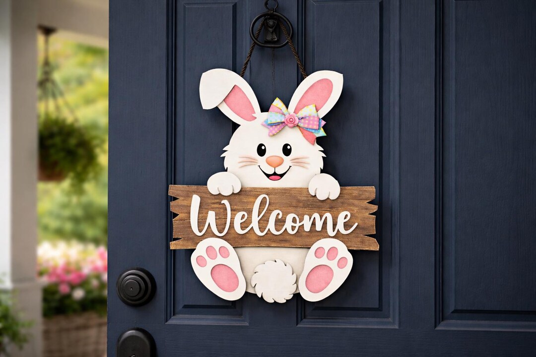 Easter Bunny Welcome Sign SVG Laser Cut Files: Spring Door Hanger SVG ...