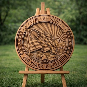 May include: A round wooden plaque with a carved design of the American flag, sun rays, and a small town. The plaque is inscribed with "1776" and "2026" at the top, and "250 YEARS OF FREEDOM" at the bottom. The plaque is displayed on a wooden easel.