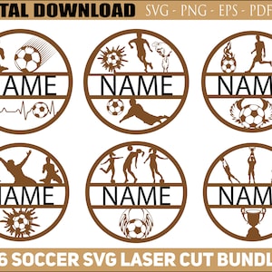 Fußball-SVG-Laserschnitt-Bundle, männliches und weibliches Namensschild, SVG-Laserschnitt, Sport-Themen-Tür- oder Wandaufhänger, Laserschnitt-Schablone,