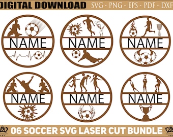 Puede incluir: Seis diseños SVG diferentes con temática de fútbol para corte por láser. Cada diseño presenta un balón de fútbol, un jugador y un área de nombre personalizable. Los diseños incluyen un latido del corazón, un sol, una llama, alas, un jugador sosteniendo un trofeo y un chapoteo de agua.