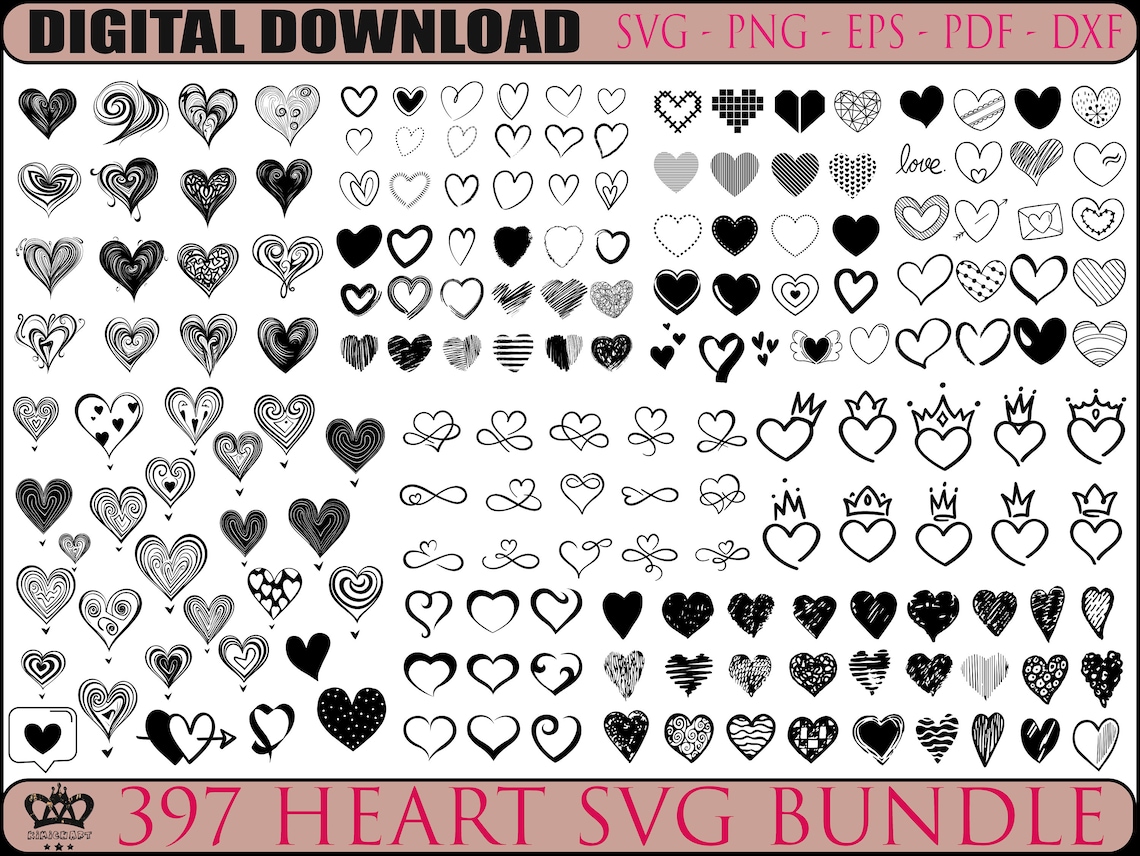 397 Heart Svg Bundle , HEART Doodle Svg, Heart Svg Cut Files for Cricut ...
