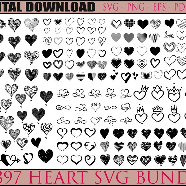 397 Heart Svg Bundle , HEART Doodle Svg, Heart Svg Cut Files For Cricut, Heart Clipart, Hand Drawn Heart Svg