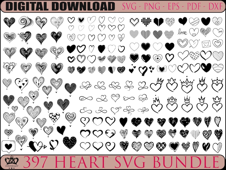 397 Heart Svg Bundle , HEART Doodle Svg, Heart Svg Cut Files for Cricut ...