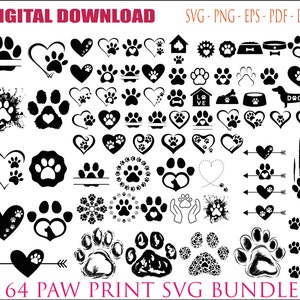 64 Paw Print Svg bundel, Paw hart Svg, hond poot svg, Paw Svg, hond moeder Svg, hondenliefhebber Svg, Paw Print Clipart silhouet, dierlijke Paw Svg.