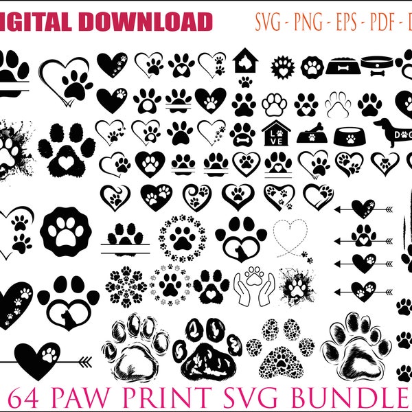 64 Paw Print Svg Bundle, Paw Heart Svg, Dog paw svg, Paw Svg, Dog Mom Svg, Dog Lover Svg, Paw Print Clipart Silhouette, Animal Paw Svg.