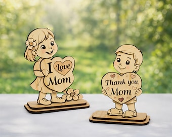 Standing Kids Mother's Day SVG – I Love Mom & Thank You Mom – Children Heart Signs – Laser Cut Files – Wooden Table Decor – Instant Download