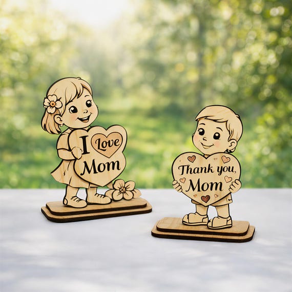 Standing Kids Mother’s Day SVG – I Love Mom & Thank You Mom – Children Heart Signs – Laser Cut Files – Wooden Table Decor – Instant Download