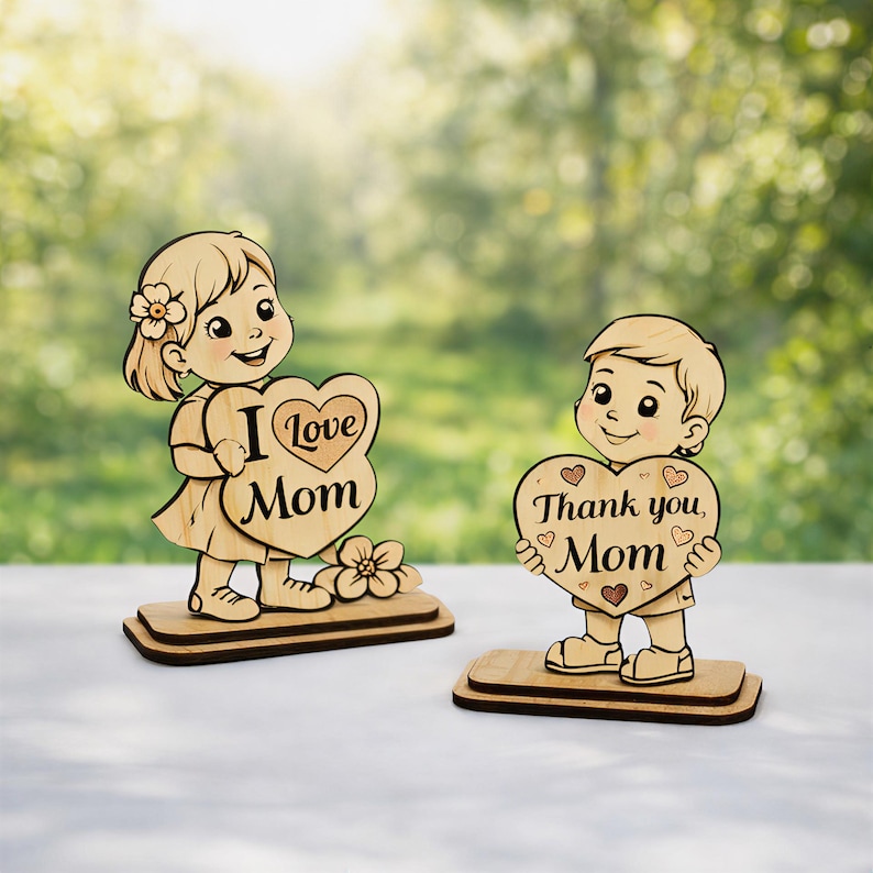 May include: Two wooden figurines of children holding heart-shaped signs. One says "I love Mom" and the other says "Thank you, Mom." Both are on rectangular bases, with a natural wood finish. A flower is next to the girl.