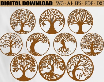 10 file Svg tagliati al laser per alberi, file vettoriali per il taglio laser del legno, svg, pdf, eps, Ai.