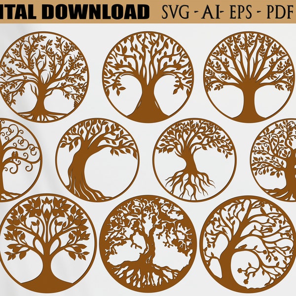 10 Tree Laser Cut Svg Files, Vector Files For Wood Laser Cutting , svg , pdf , eps , Ai .