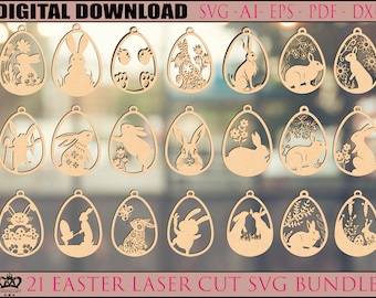 21 Easter Laser Cut Svg Bundle, Bunny Ornaments Svg,Easter Laser Cut svg files, Easter Hanger svg, dxf eps