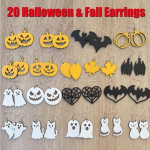 Puede incluir: Una colección de 20 pendientes con temática de Halloween y otoño. Los pendientes presentan varios diseños, incluyendo calabazas, murciélagos, hojas, fantasmas, gatos y telarañas. Los pendientes son de madera y vienen en negro, amarillo y blanco.