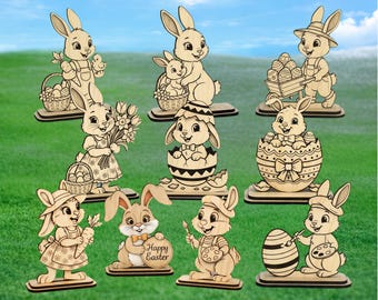 Stehende Osterhasen-Dekoration, 10er-Set, lasergeschnittene SVG-Datei, Glowforge Osterhasen-Tischdeko aus Holz, DXF-Laserhasen-Laser