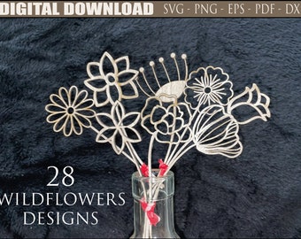 Paquete SVG de flores silvestres, corte láser Glowforge Cricut Archivos de descarga digital, ramo de flores silvestres vectoriales para mamá flores de madera regalo del día de las madres