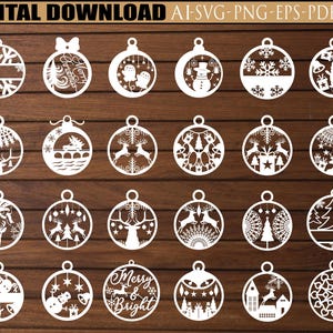 Palle di Natale Svg, pacchetto SVG con taglio laser ornamento natalizio, set di giocattoli di Natale, pacchetto SVG di Natale