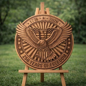 May include: A wooden, circular plaque featuring a detailed carving of an eagle with outstretched wings, the American flag, and the text "1776 2026" and "250 YEARS OF FREEDOM". The plaque is displayed on a wooden easel, set against a blurred green background.