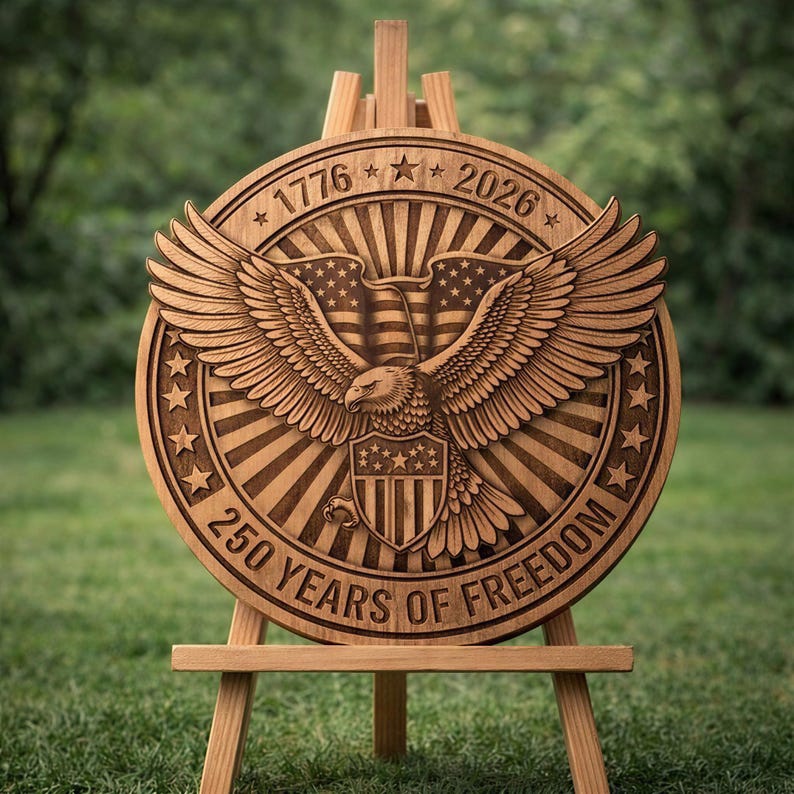 May include: A wooden, circular plaque featuring a detailed carving of an eagle with outstretched wings, the American flag, and the text "1776 2026" and "250 YEARS OF FREEDOM". The plaque is displayed on a wooden easel, set against a blurred green background.