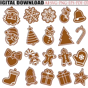 20 Christmas Ornaments SVG , Gingerbread Ornaments SVG, , Glowforge files, Christmas Decor SVG, Laser Cut File, Santa Svg, Christmas Tree