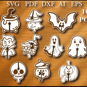 May include: A collection of ten Halloween-themed cut-out designs in a brown and white color scheme. The designs include a witch's cauldron, a witch, a bat, a vampire, a mummy cat, two ghosts, a skull, a pumpkin, and a jack-o'-lantern. The image also includes the text "SVG PDF DXF AI EPS".
