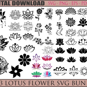 53 蓮の花 SVG バンドル、蓮の花 CRICUT ナマステ、カット ファイル ヨガ シルエット マンダラ クリップアート 瞑想 スピリチュアル デジタル