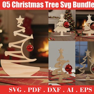 Op de afbeelding: Een verzameling van vijf houten kerstboomontwerpen, elk met een unieke vorm en een rode bal. De tekst "05 Christmas Tree Svg Bundle" staat bovenaan en "SVG . PDF . DXF . AI . EPS" onderaan.