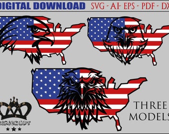 03 Three models United States Outline with wavy flag and eagle, SVG, Glowforge, Laser Cutting File